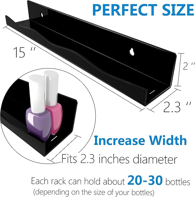 YMVV Black Acrylic Nail Polish Wall Racks,15" Increased Width Black Wall Mounted Shelves Nail Polish Organizer, Sunglasses Essential Oil Storage Shelf Display 6 Pack
