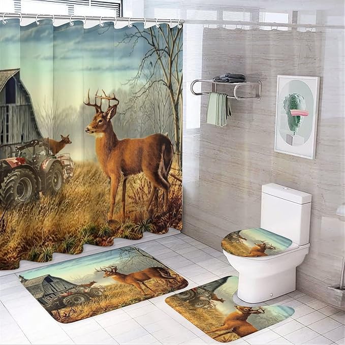 Vintage Deer Western Country Shower Curtain Sets with Rugs 4 Piece Accessories Bathroom Curtains Shower Set Include Shower Curtain Non-Slip Rug Toilet Lid Cover Bath Mat One Size