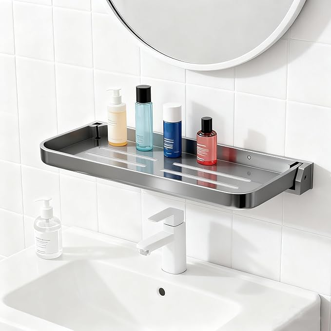 Small Folding Wall Shelf - Waterproof and Rust-Proof 90° fold Down - Easy Installation Folding Metal Shelf, Ideal for RV, Laundry, Toilet, Kitchen and Sofa (Gray 2PCS, 11.8inch)