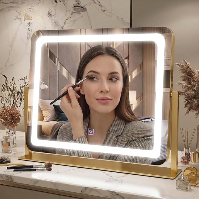 Vanity Mirror with Lights, 17''x22'' Lighted Makeup Mirror, LED Makeup Mirror, Dimmable, Smart Touch with 3-Color Lighting Modes, for Bedroom Tabletop - Gold
