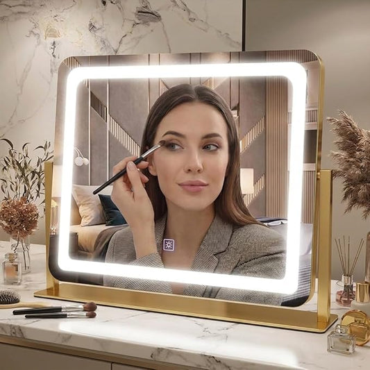 Vanity Mirror with Lights, 17''x22'' Lighted Makeup Mirror, LED Makeup Mirror, Dimmable, Smart Touch with 3-Color Lighting Modes, for Bedroom Tabletop - Gold