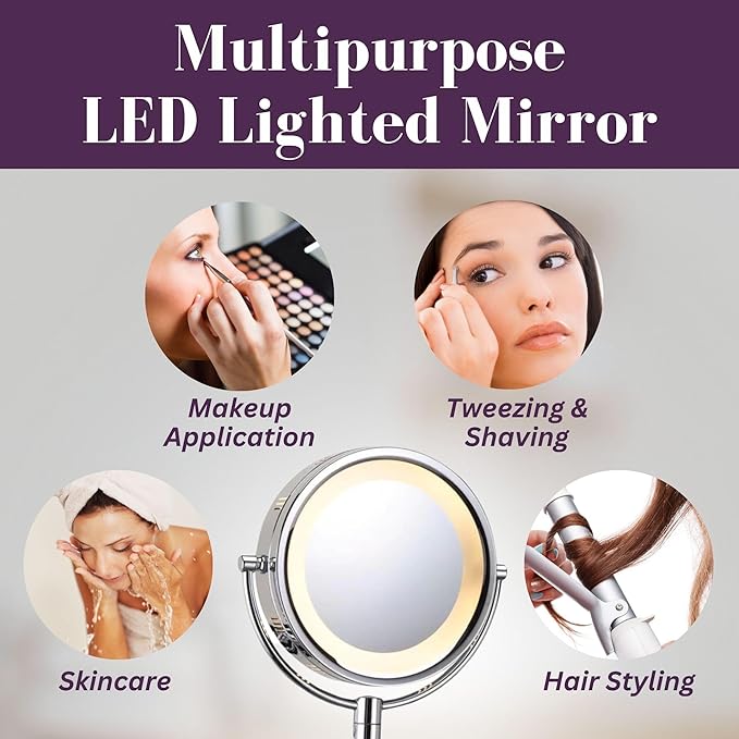 JERDON Wall-Mounted Makeup Mirror with 5X Magnification - Chrome Makeup Mirror with LED Lights - Plug in - HL65C
