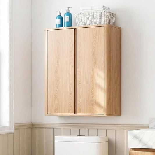 VANIRROR Wall Mounted Bathroom Cabinet, Premium Medicine Cabinet with Safe Rounded Edges, 2-Door Wood Storage Organizer with Adjustable Shelves for Laundry, Kitchen