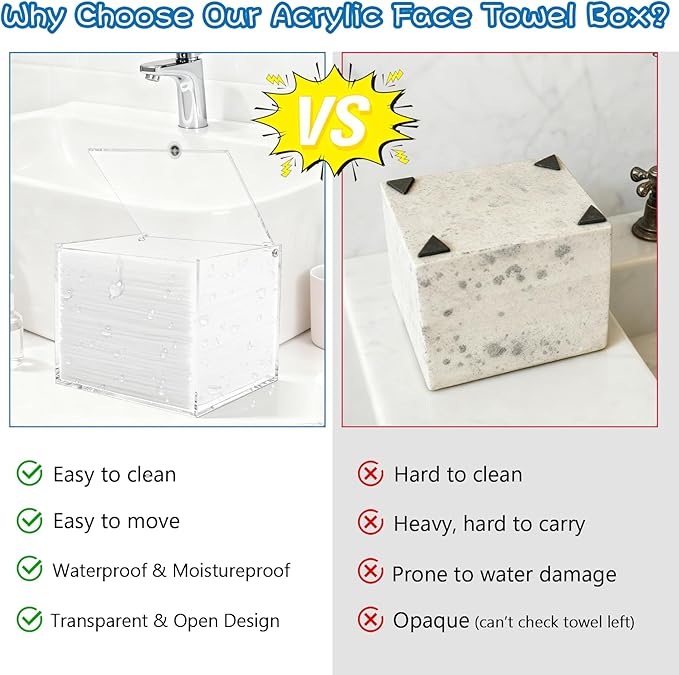 Clear Acrylic Disposable Face Towel Holder-Compatible with Clean Skin Club Facial Towel XL, Acrylic Face Towelette Storage Box Container, Cosmetic Organizer for Bathroom Countertop Storage