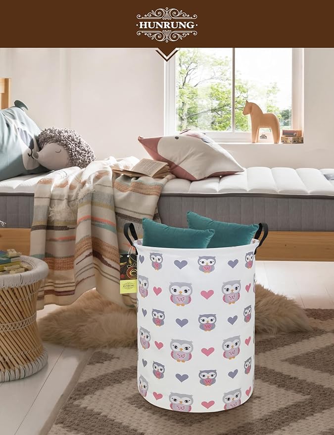 HUNRUNG Laundry Hamper,Large Canvas Fabric Lightweight Storage Basket Toy Organizer Dirty Clothes Collapsible Waterproof for College Dorms???Round-Love Owl???