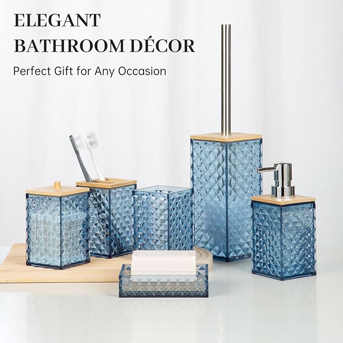Bathroom Accessory Set, Grid Pattern 6 Pcs Plastic Bathroom Set Include Qtip Holder Dispenser, Toilet Bursh, Soap Dispenser, Soap Dish, Toothbrush Holder, Mousewash Cup(Dark Blue)