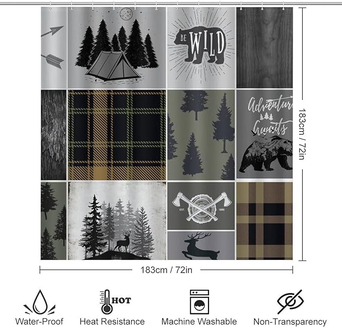 Rustic Cabin Bear Deer Shower Curtain Sets with Rugs 4 Piece Accessories Bathroom Curtains Shower Set Include Shower Curtain Non-Slip Rug Toilet Lid Cover Bath Mat One Size