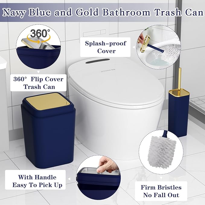 XLHOMO Bathroom Set - Navy Blue Bathroom Sets with Shower Curtain and Rugs, 24PCS Shower Curtain Set with Hooks, Soap Dispenser, Soap Dish, Toilet Brush Holder and Trash Can for Housewarming