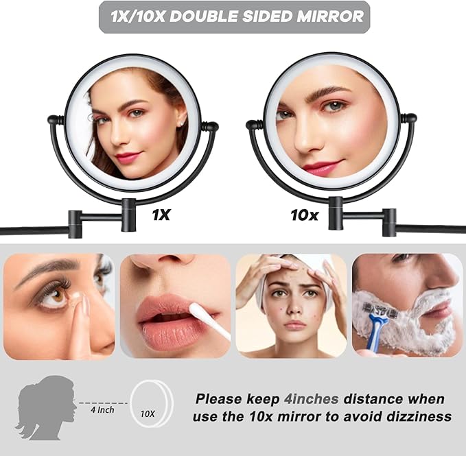 Brass Lighted Wall Mounted Mirror Magnifying 1×10×, 8-Inch Rechargeable Double Sided, Touch Dimmable Extended Arm 360 Rotation Cosmetic Mirror for Bathroom, Matt Black