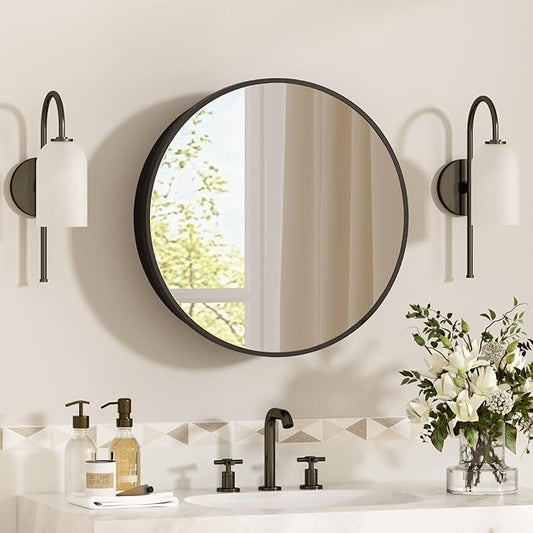 20 x 20 Inch Round Medicine Cabinet Mirror Black,Circular Bathroom Mirror with Storage Wall Mounted,Metal Framed Medicine Cabinets with Tempered Glass Adjustable Shelves for Bathroom Vanity