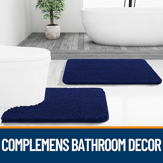 OLANLY Bathroom Rugs 32x20, Extra Soft Absorbent Chenille Bath Rugs, Rubber Backing Quick Dry, Machine Washable Bath Mats for Bathroom Floor, Tub and Shower, Home Decor Accessories, Navy