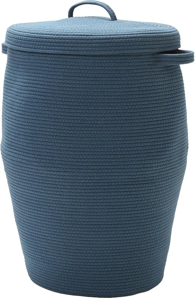 26"x20" Handcrafted Tall Cotton Rope Basket with Lid, Stylish Flagon Shape with Cover, Clothes Hamper with Top, for Bedroom and Living Room, All Dark Blue