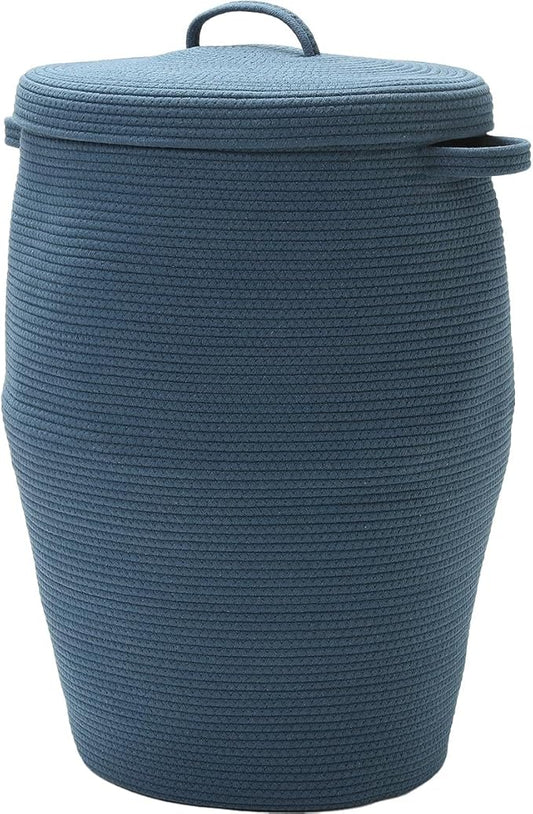 26"x20" Handcrafted Tall Cotton Rope Basket with Lid, Stylish Flagon Shape with Cover, Clothes Hamper with Top, for Bedroom and Living Room, All Dark Blue