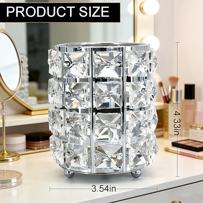 Makeup Brush Holder Organizer Crystal Bling Cosmetic Storage Box for Brushes, Combs & Pens, Candle Holder Container???Silver???