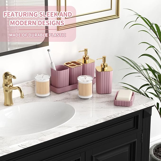 XLHOMO Bathroom Set - 26PC Bathroom Set with Shower Curtain and Rugs, Bathroom Accessory Set, Pink Bathroom Accessories Set, Trash Can & Soap Dispenser
