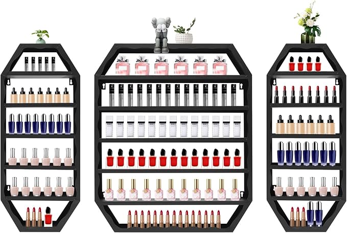 Wall-Mounted Nail Polish Rack, Set of 3 Octagonal Black Nail Polish Shelf Lipstick Perfume Cosmetic Display Shelf for Home Spa Nail Salon Shop