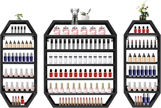 Wall-Mounted Nail Polish Rack, Set of 3 Octagonal Black Nail Polish Shelf Lipstick Perfume Cosmetic Display Shelf for Home Spa Nail Salon Shop