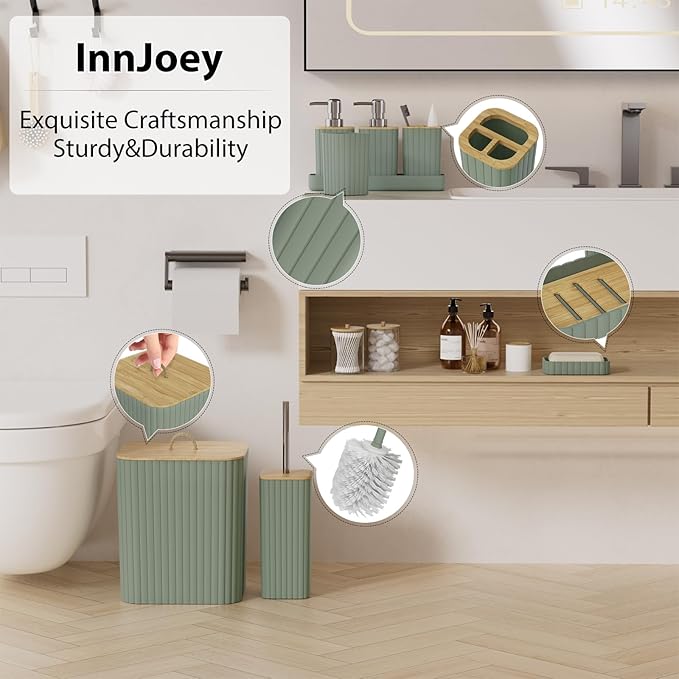 Bathroom Accessories Set - 10PC Bathroom Set, Sage Green Bathroom Set, Bathroom Accessories Set, Toilet Brush, Bathroom Trash Can & Soap Dispenser