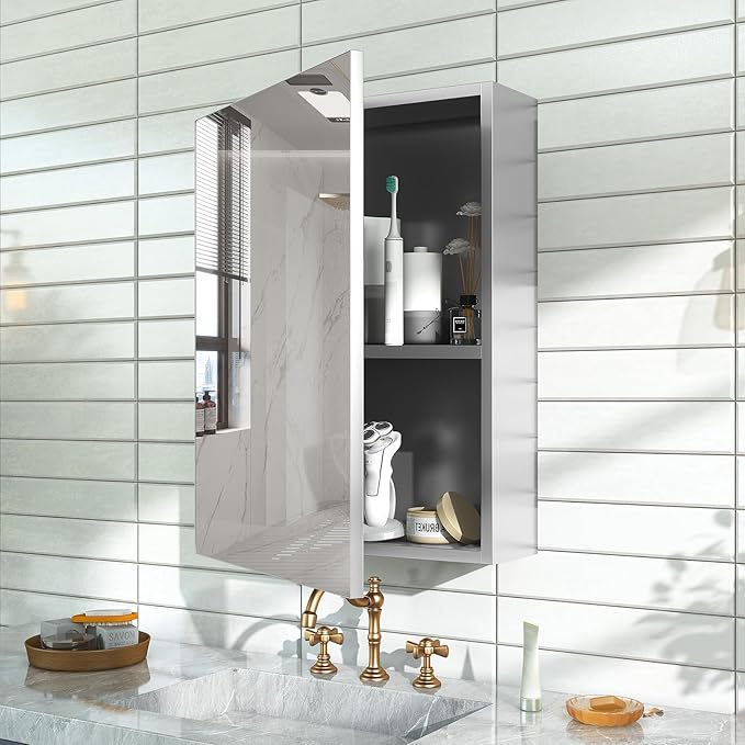 32x24 Inch Bathroom Medicine Cabinet with Mirror, Pre-Assembled Bathroom Medicine Cabinets, Surface/Recessed Wall Mounted Farmhouse Large Medicine Cabinet, Sliver