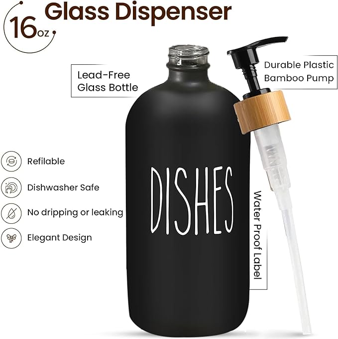 Sunrise Premium 16 OZ Thick Black Glass Soap Dispenser, Bamboo Pump with Tray 2 Pack, Hand and Dish Soap Dispenser Set for Bathroom with 6 Waterproof Labels
