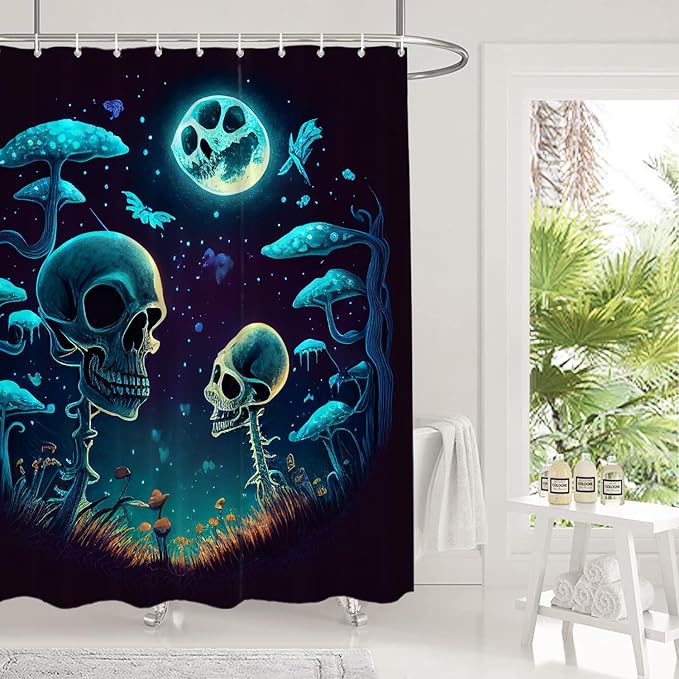 Shrahala Happy Halloween Funny Decorative Shower Curtain, Skeletons Grass Mushrooms Starry Sky Bathroom Décor Polyester Fiber Waterproof with Plastic Rings for Shower Stall Bathtubs 72 x 72 in