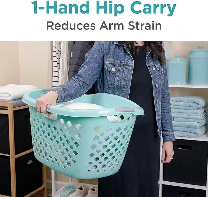 (2 Pack) 1.8 Bushel Hip Hugger Laundry Basket, Teal Flexible Plastic Hamper - Easy 1-Hand Carry(Home/Laundry Room)