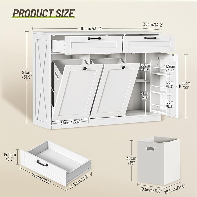 Double Tilt Out Laundry Hamper Cabinet, 43.3" Laundry Cabinet with 2 Removable Baskets, Farmhouse Wooden Hidden Trash Bin Cabinet with Open Shelving, for Bathroom, White