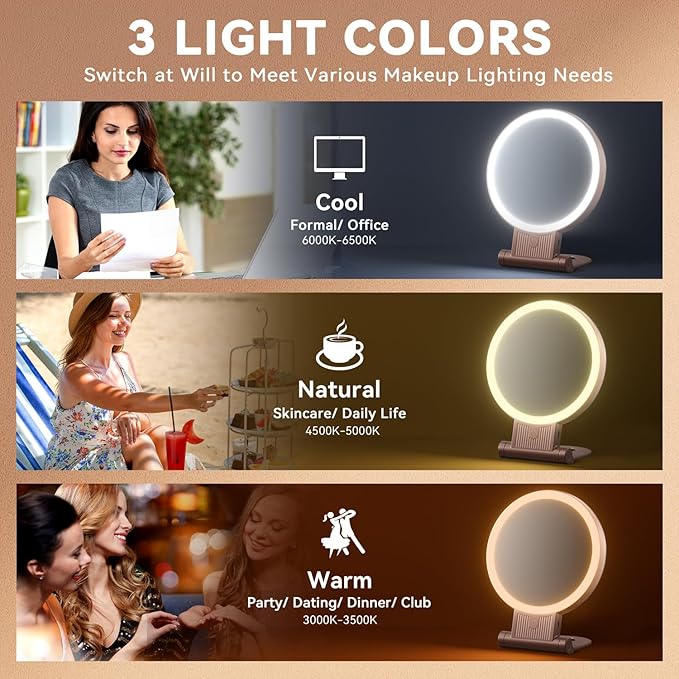 1X/30X Magnifying Mirror with Light, Double Sided Makeup Mirror with Adjustable 3 Color Light, 2000mAh Rechargeable Lighted Magnifying Mirrors with Tweezer, Foldable Travel Mirror with Rotation