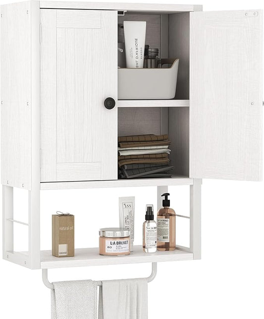 Homeiju Rustic Wall Mounted Medicine Cabinet, White Wood Storage Cabinet with Two Barn Doors, Shelf and Towel Bar for Bathroom, Living Room, Kitchen, White