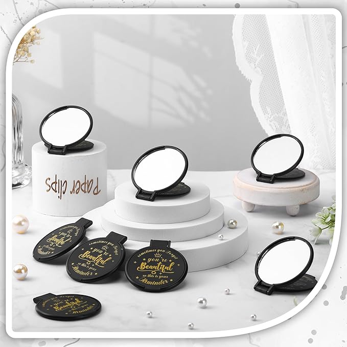 100 Pcs 2.76 Inch Inspirational Compact Mirror Bulk Women Small Gifts Graduation Party Favors Purse Mirror Pocket Mini Stuffer Items for Adult Coworker Cheerleader Employee (Black)