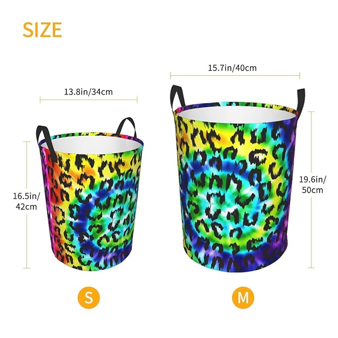 Leopard Round Laundry Hamper Rainbow Tie Dye Storage Basket Toys Clothes Organizer Bin For Home Bathroom Bedroom Dorm Nursery, 38l