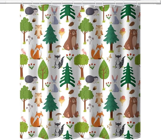 Kids Baby Woodland Shower Curtain Animals Cartoon Girls Children's Cute Cartoon Funny Colorful Weeds Plants Fox Waterproof Fabric Bathroom Decor 66x72 Inches(168x183cm), Style-12
