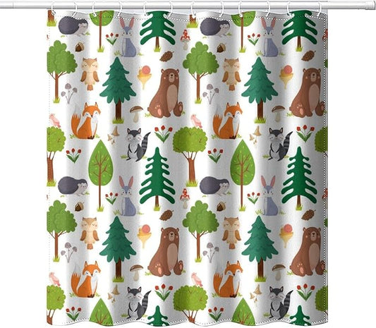 Kids Baby Woodland Shower Curtain Animals Cartoon Girls Children's Cute Cartoon Funny Colorful Weeds Plants Fox Waterproof Fabric Bathroom Decor 66x72 Inches(168x183cm), Style-12