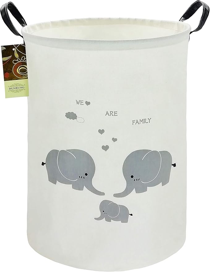 HUNRUNG Laundry Hamper,Large Canvas Fabric Lightweight Storage Basket Toy Organizer Dirty Clothes Collapsible Waterproof for College Dorms, Children Bedroom,Bathroom???Round-Family Elephants???