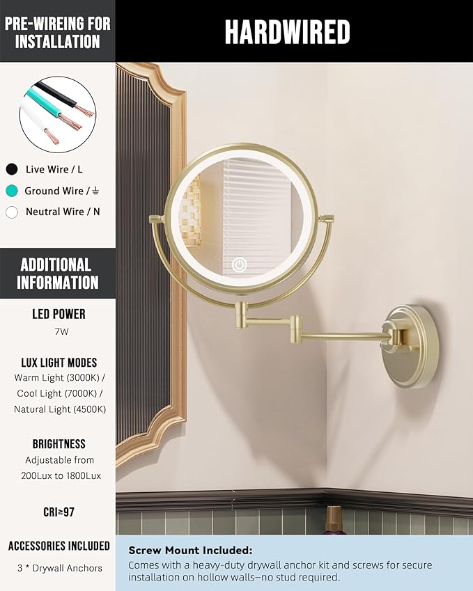 10" Wall Mount Magnifying Mirror with Light Gold HardWired, 1X/5X Double-Sided LED 3 Color Touch Dimming Extended Arm 360 Rotation Cosmetic Light up Mirror for Bathroom, Satin Brushed Gold