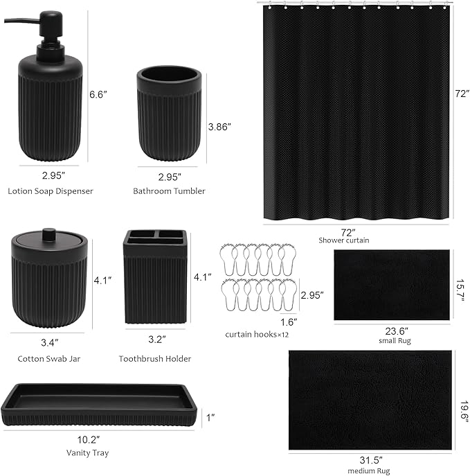 XLHOMO Matte Black Bathroom Sets with Shower Curtain and Rugs, 8-Piece Resin Bathroom Accessories Sets Complete, Soap Dispenser, Toothbrush Holder, Tumbler, Tray & Apothecary Jars Bathroom Essentials