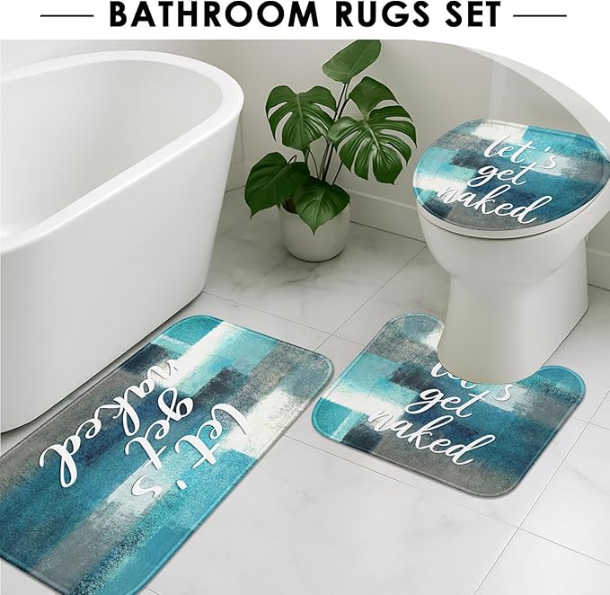 ArtSocket 4PC Let's Get Naked Turquoise Teal Painting Art Modern Abstract Shower Curtain Sets Bathroom Decor with Rugs, Non-Slip Rug,Toilet Lid Cover, Bath Mat and 12 Hooks 72x72 inches
