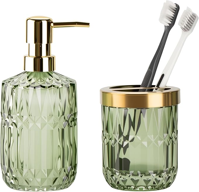 Glass Bathroom Accessories Set, 2PCS Clear Glass Bathroom Accessory, Toothbrush Holder and Soap Dispenser Set for Modern Bathroom Decor(Green)