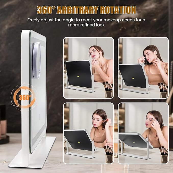 Vanity Mirror with Lights, 16"×12.4" LED Makeup Mirror, Rounded Frame, 10X Magnification, Smart Touch with 3-Color Lighting, Dimmable, 360° Rotation, Lighted Up for Makeup Desk, Bedroom (White)