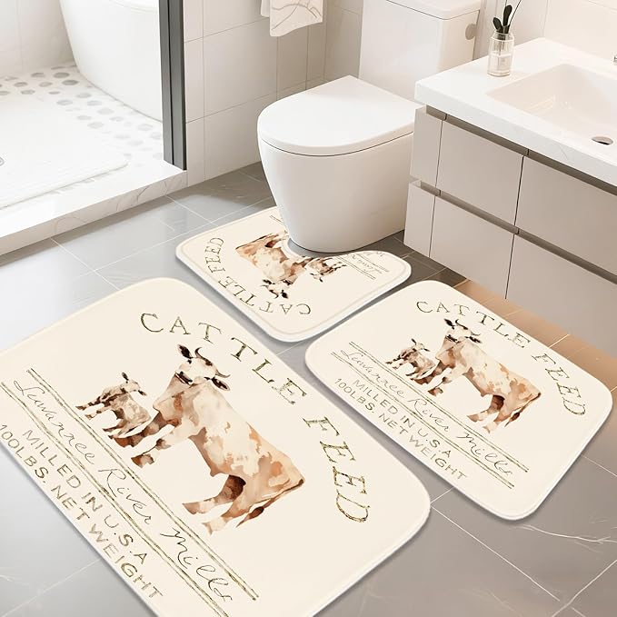 Farmhouse Abstract Animal Cattle Feed Cow Rustic Bathroom Rugs and Mats Sets 3 Piece, Memory Foam Bath Mat, U-Shaped Contour Shower Mat Non Slip Absorbent, Velvet Washable 20 x 31 inch