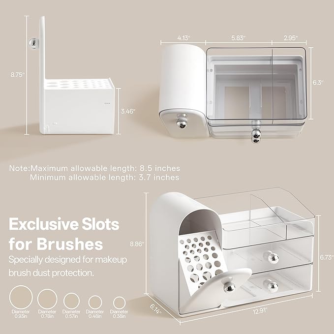 HBlife Makeup Organizer Countertop with Drawers, Vanity Organizers with Brush Holder, Bathroom Counter Organizer for Perfume, Nail Polishes, Lipsticks, Skincare and Eyeshadow Palettes