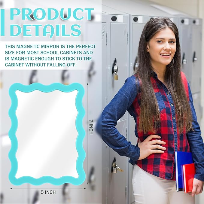 Leinuosen 1 Pcs Scalloped Magnetic Locker Mirror Small Real Glass Makeup Mirror with Magnetic Backing Cute Locker Decorations for Office Cabinet Lockers Accessories (5 x 7 Inch,Lake Blue)