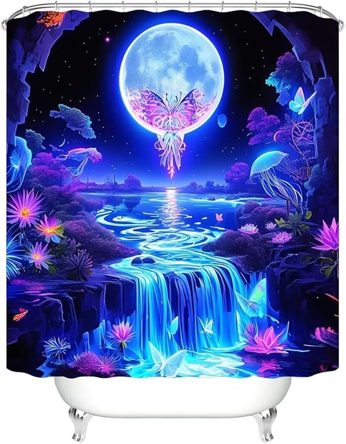 jieprom 4PCS Shiny Butterfly Moon Shower Curtain Bathroom Set with Rugs,Toilet Lid Cover and Bath Mat, Shower Curtain with 12 Hooks, Durable Bathroom Decor Set