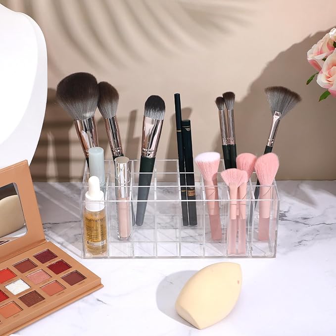 DOITOOL 24-Grid Acrylic Lipstick Holder and Makeup Organizer Display Rack 8.3X3.5X3 in Clear Cosmetics Storage Stand for Lipsticks and Makeup Tools
