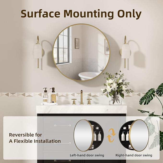 24 x 24 Inch Round Medicine Cabinet Mirror Gold,Circular Bathroom Mirror with Storage Wall Mounted,Metal Framed Medicine Cabinets with Tempered Glass Adjustable Shelves for Bathroom Vanity