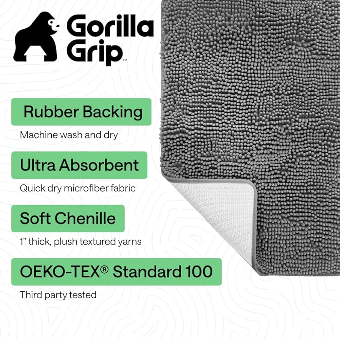 GORILLA GRIP Bath Rug Mat 48x17, Thick Soft Absorbent Chenille, Quick Dry Microfiber Mats, Rubber Backing Washable Shower Floor Rugs, Bathmat Runner, US Designed Bathroom Home Decor Accessories Grey