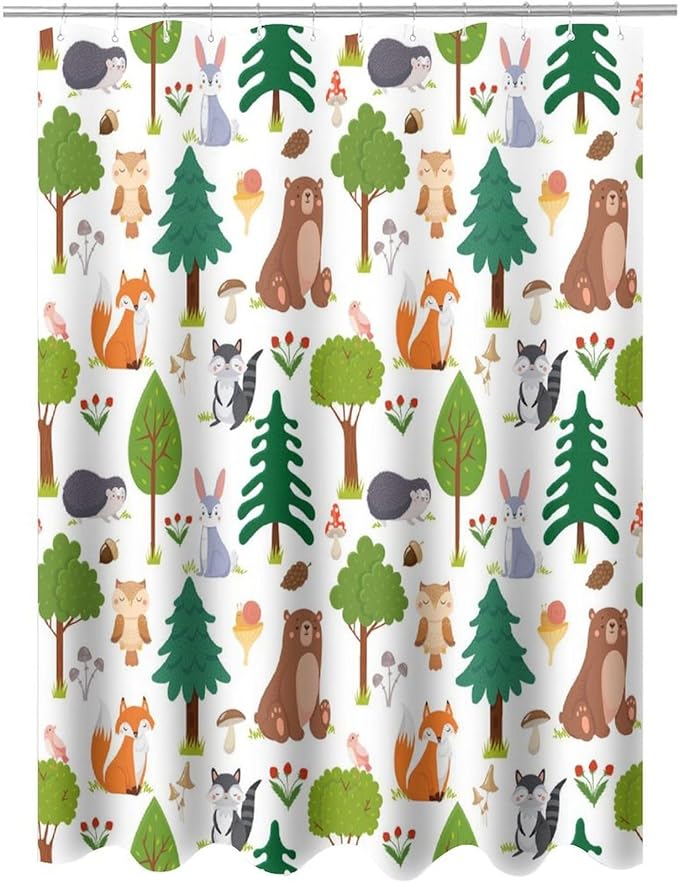 Kids Baby Woodland Shower Curtain Animals Cartoon Girls Children's Cute Cartoon Funny Colorful Weeds Plants Fox Waterproof Fabric Bathroom Decor 72x72 Inches(183x183cm), Style-12