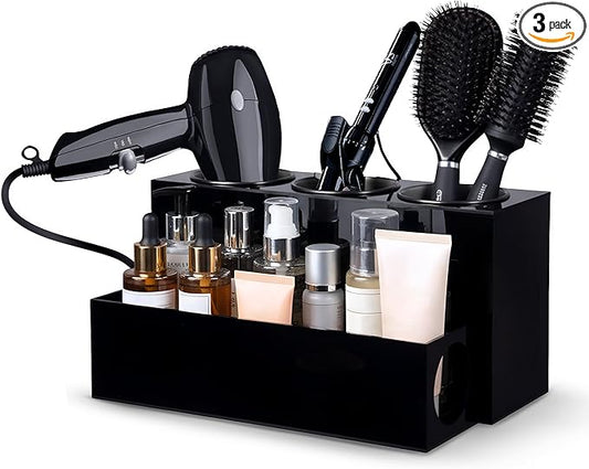 Hair Tool Organizer for Bathroom Vanity – Blow Dryer Holder with Stainless Cups for Hair Dryer, Curling Iron & Straightener, Countertop Hot Tools Holder and Hair Tool Storage (BLACK)