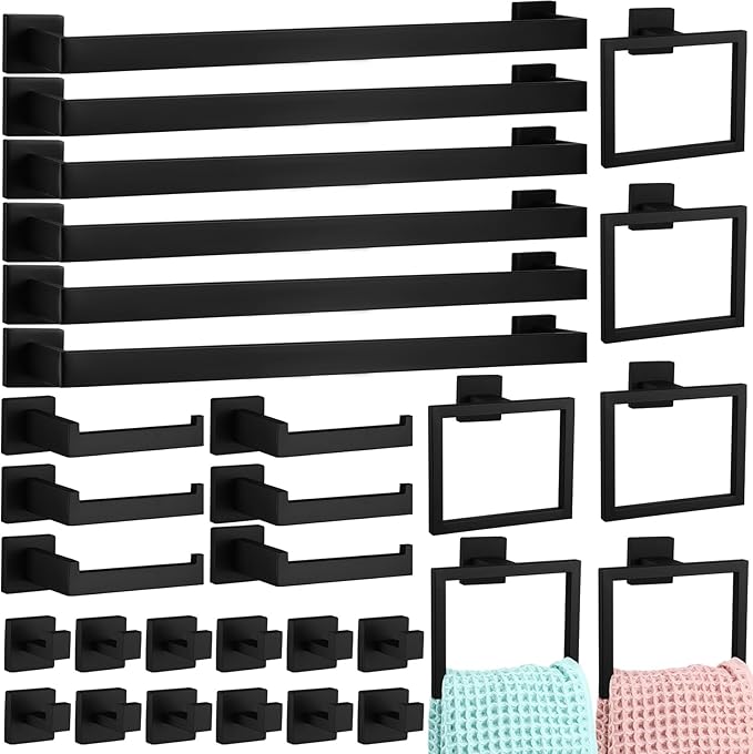 Gisafai 30 Pcs Black Bathroom Hardware Accessories Set 23.6 Inch Bath Towel Bar Kit Stainless Steel Bathroom Hardware Set Towel Racks Ring Robe Hooks Paper Holder for Wall Mounted