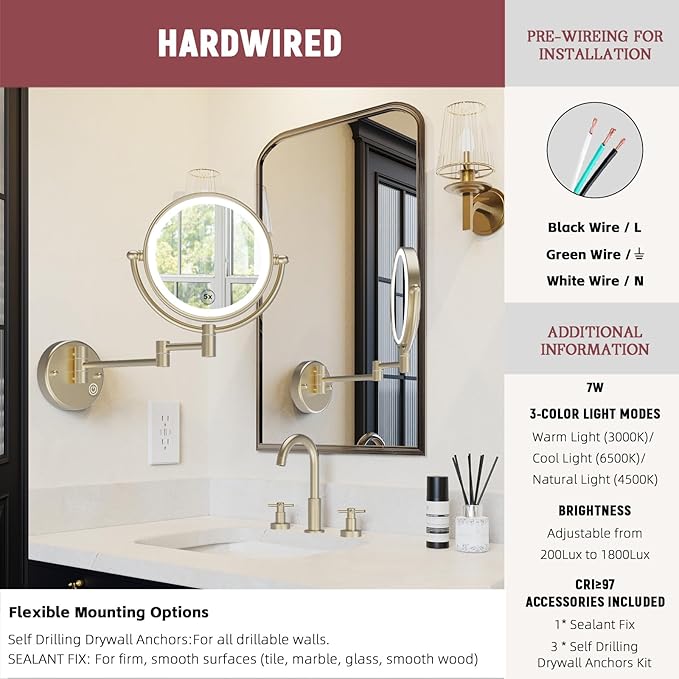 8" Hardwired Wall Mounted Magnifying Mirror with Lights, 1X/5X Double Sided 3-Colors LED Lighting Touch Dimming Extended Arm 360 Rotation Brass Makeup Mirror for Bathroom, Satin Brushed Gold
